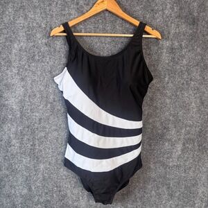 Aquamore‎ Swimsuit Women 16W Black Striped One Piece Classic Minimalist Modest